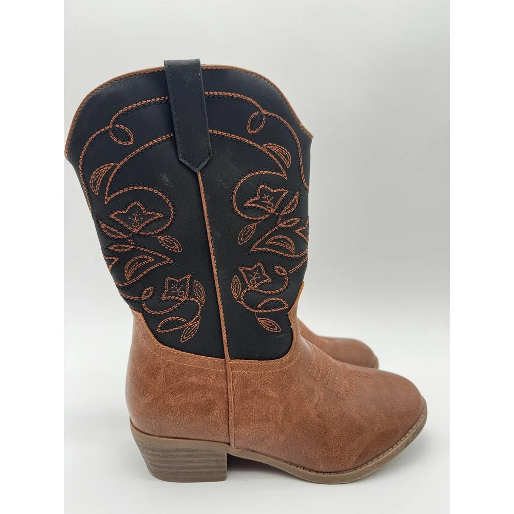 Kids Cowboy Boots Size 3 Brown Black Faux Leather Western Side‎ Zip Embroidered